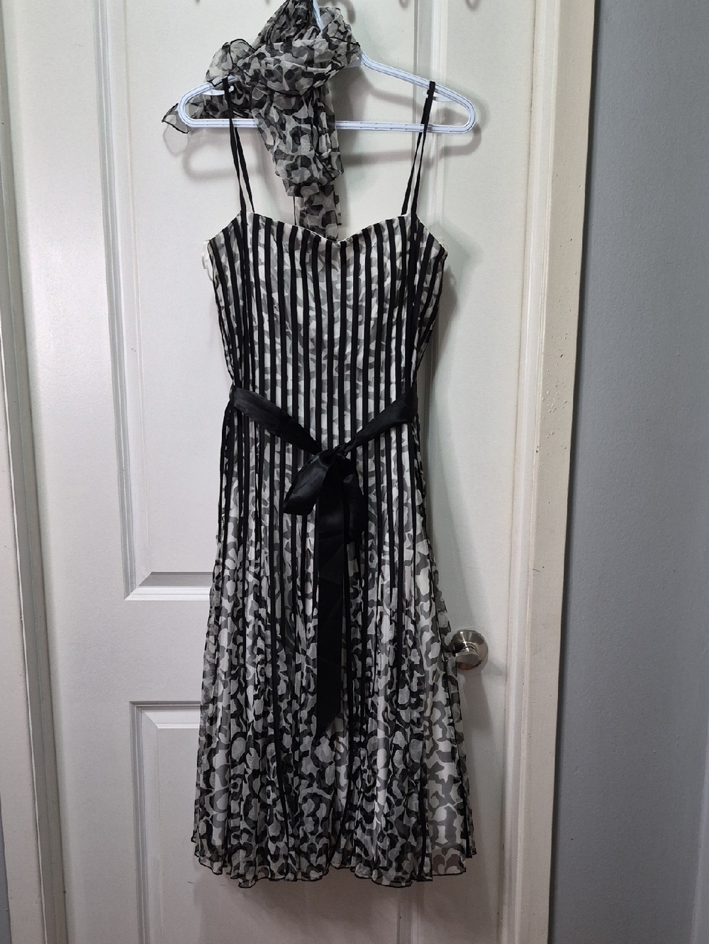 Vintage Cache Black and White Striped Midi Dress with Floral Skirt. Scarf.